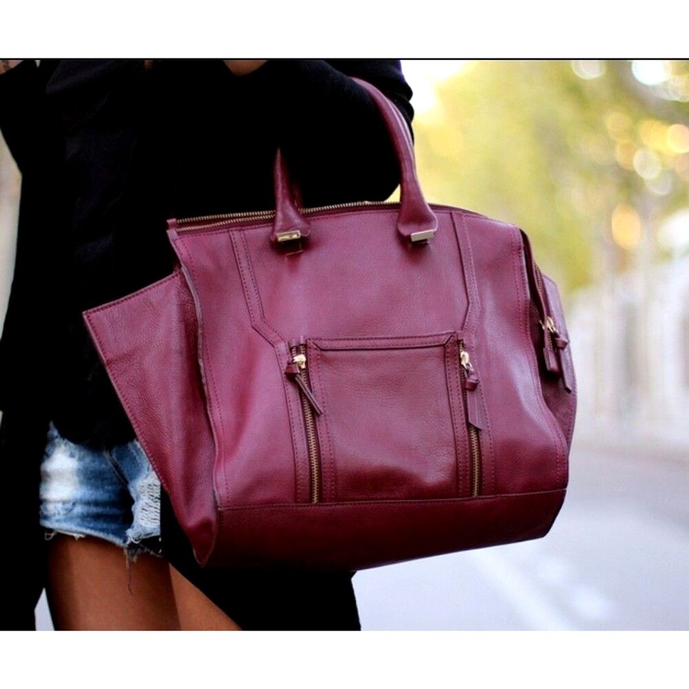Zara Women's Large Genuine Leather Tote Bag Burgundy Gold Hardware Satchel